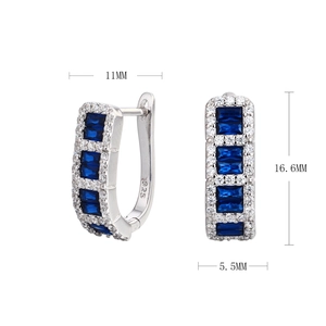 Detailed size chart of S925 sterling silver hoop earrings with blue zircon stones