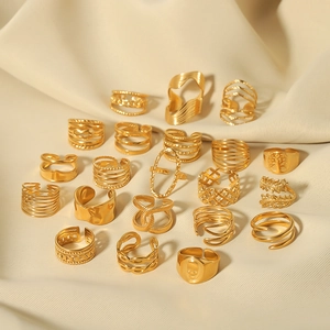 21-piece set of gold stainless steel rings with geometric open designs and hollow patterns