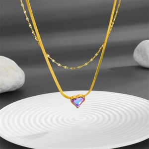 Double-layer gold titanium steel necklace featuring a purple heart crystal pendant