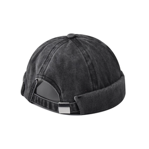 Detail of washed denim docker hat with adjustable silver metal buckle on the back