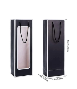 Detailed size specifications of black wine gift bag with clear window and handles