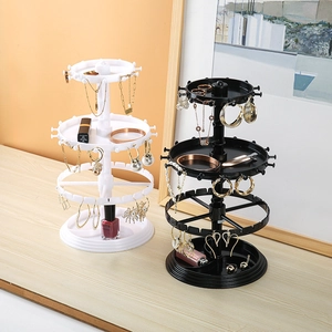 Rotating 4-tier jewelry organizer stand for earrings and necklaces in black and white
