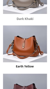 Close-up of pebble leather bucket bags in dark khaki and earth yellow with gold hardware