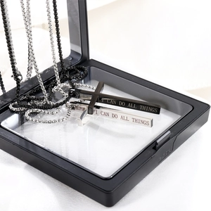 Titanium steel cross necklace with engraved Philippians quote in black and silver finishes