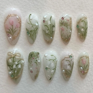 Press On Nails Lily Of The Valley Hand Painted Tulips Artificial Pearl Rhinestone French Retro Sweet Elegant For Women