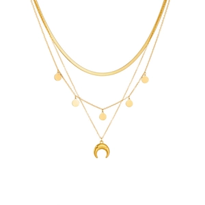 Multi Layered Necklace Stainless Steel Snake Chain Gold Plated Round Disc Crescent Moon Horn Pendant For Women