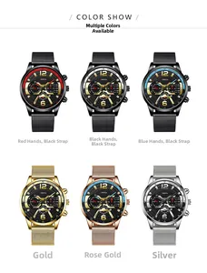 Detailed grid view of Geneva men's quartz watches with Milanese mesh straps in six colors