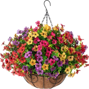 Detail of hanging basket with colorful artificial violet flowers and coconut palm liner
