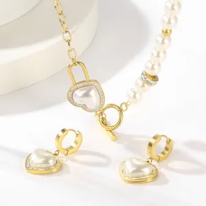 Heart Imitation Artificial Pearl Stainless Steel Jewelry Necklace Earrings Bracelet Rhinestone OT Buckle Elegant Women
