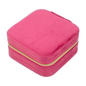 Detailed view of the rose red velvet jewelry box with a secure gold zipper closure