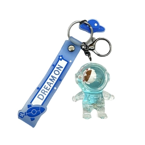 Blue astronaut quicksand bottle keychain with silicone strap and planet charm on white background