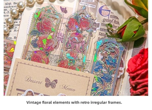 Detail showing holographic laser embossed floral bookmarks with gold foil and vintage styling