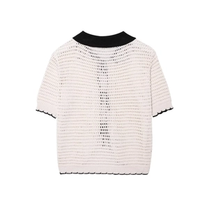 Retro crochet knit polo top in cream with black contrast trim and hollow-out texture