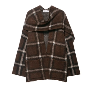Deep brown plaid knitted cardigan with integrated scarf and classic front pockets