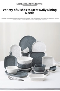 Detail showing grey and white ceramic plates with textured hammer patterns and matte finish