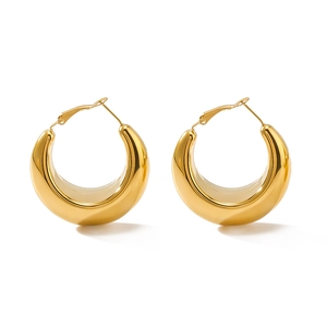 Polished hollow C-shaped gold hoop earrings made of premium stainless steel for women