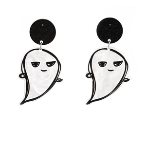 Ghost-shaped acrylic earrings for Halloween with white translucent finish and black studs