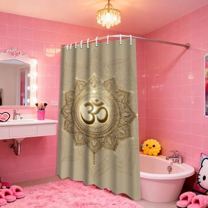 Golden mandala shower curtain with Om symbol in a modern pink bathroom setting