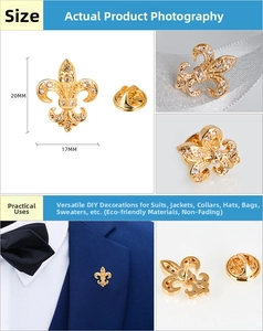 Detailed view of a gold fleur-de-lis lapel pin with rhinestones and size dimensions