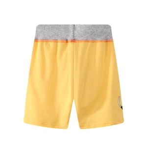 Kids yellow summer shorts with elastic grey waistband and subtle cartoon embroidery