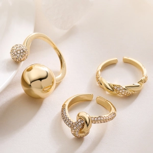 Set of 3 18K gold plated zircon irregular open rings with twisted and beaded designs