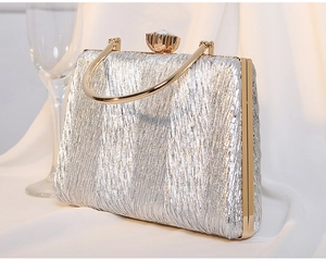 Detail of silver pleated evening bag with gold handle and crystal clasp on white silk
