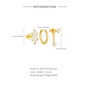 Detailed view of three-piece gold S925 silver earring set with white cubic zirconia stones