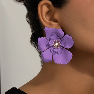 Statement oversized purple flower earrings with gold center and crystal for women