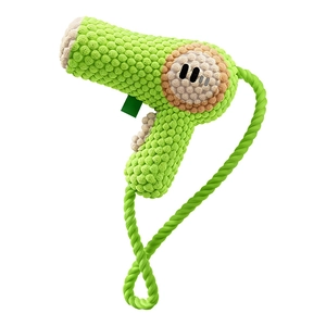 Green hair dryer plush dog squeaky toy with textured popcorn fabric and durable rope