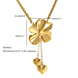 Detailed dimensions of 18K gold plated flower necklace with heart pendants