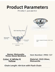 Detailed specs of S925 silver moissanite necklace with 6.5mm main stone and adjustable chain