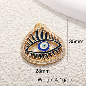 Detailed view of 18K gold plated evil eye pendant with 35mm height and 28mm width dimensions