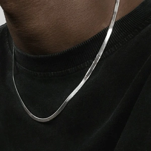 Close-up of a silver flat snake chain necklace on a model showing smooth metallic texture