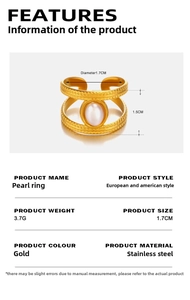 Detail view of gold stainless steel pearl ring showing 1.7cm diameter and 1.5cm width specs