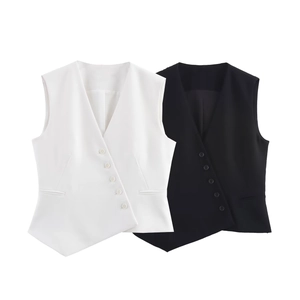 Women's asymmetric V-neck vest and wide-leg pants set in black and white colors
