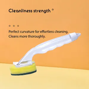 Kitchen sponge dish brush with long ergonomic handle and yellow scouring pad for sink cleaning