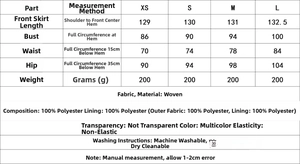 Size guide for French ruffle chiffon dress showing bust, waist and hip measurements