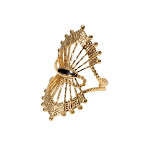Vintage bohemian fan-shaped openwork gold plated stainless steel ring with black oval stone
