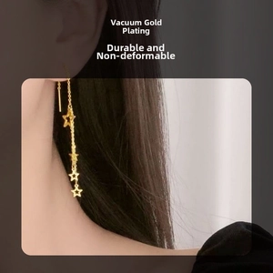 Detail of 18K gold plated stainless steel star drop earrings on model with high gloss finish