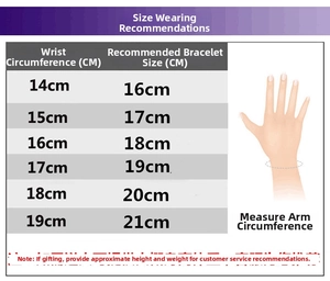 Size guide chart for charm bracelets showing wrist circumference and recommended bracelet length