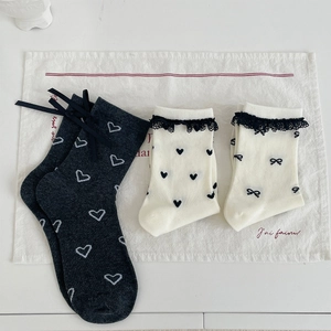 Women Mid-Calf Socks Cotton Blend Lace Edge Ribbon Bow Heart Polka Dot Sweet Japanese Lolita Style Hosiery