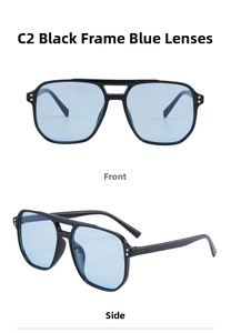 Front and side views of black pilot sunglasses with blue lenses and double bridge design