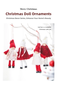 Lot de quatre poupées décoratives tricotées rouge et blanc sur un sapin de Noël blanc