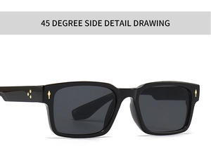 Detail of 45 degree side view of black square sunglasses with gold metal arrow hinges