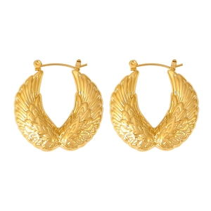 Golden feather wing hoop earrings in titanium steel with 18k gold plating for women