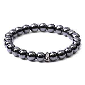 Close-up of polished black onyx beads with a silver textured metal accent bead