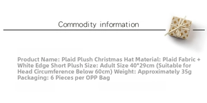 Detailed size chart for red and black plaid plush Christmas hat with adult dimensions