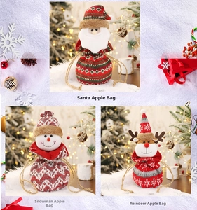 Three-grid detail of knitted Christmas drawstring gift bags featuring Santa, Snowman, and Reindeer