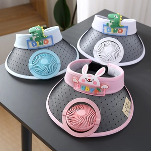 Detailed view of kids sun visors with built-in USB fans in pink, blue and white colors