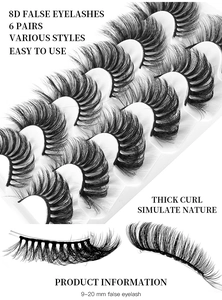 Detail of 6 pairs of 8D faux mink eyelashes showing thick curl and 9-20mm length